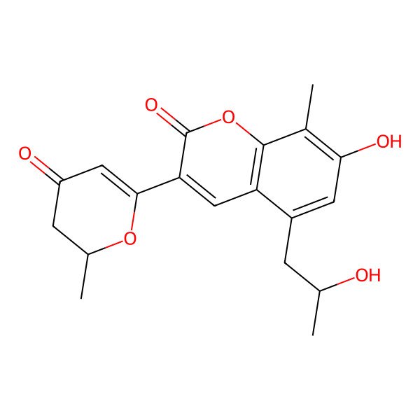 2D Structure of 7-hydroxy-5-[(2R)-2-hydroxypropyl]-8-methyl-3-(2-methyl-4-oxo-2,3-dihydropyran-6-yl)chromen-2-one