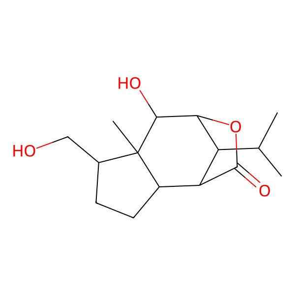 2D Structure of 7-Hydroxy-5-(hydroxymethyl)-6-methyl-11-propan-2-yl-9-oxatricyclo[6.2.1.02,6]undecan-10-one