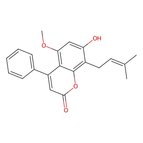 2D Structure of 7-Hydroxy-5-methoxy-8-(3-methyl-2-butenyl)-4-phenyl-2H-1-benzopyran-2-one