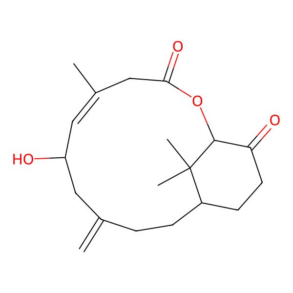 2D Structure of 7-Hydroxy-5,16,16-trimethyl-9-methylidene-2-oxabicyclo[10.3.1]hexadec-5-ene-3,15-dione