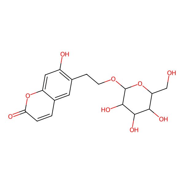 2D Structure of 7-hydroxy-6-[2-[(2R,3R,4S,5R,6R)-3,4,5-trihydroxy-6-(hydroxymethyl)oxan-2-yl]oxyethyl]chromen-2-one