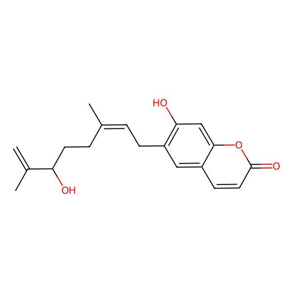 2D Structure of 7-hydroxy-6-[(2E,6R)-6-hydroxy-3,7-dimethylocta-2,7-dienyl]chromen-2-one