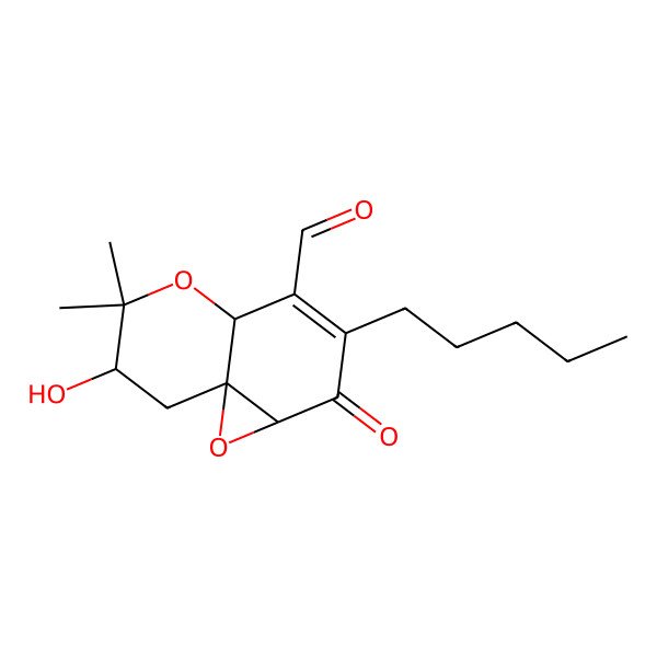 2D Structure of 7-Hydroxy-6,6-dimethyl-2-oxo-3-pentyl-1a,4a,7,8-tetrahydrooxireno[2,3-e]chromene-4-carbaldehyde