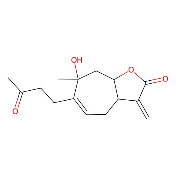 2D Structure of 7-Hydroxy-7-methyl-3-methylidene-6-(3-oxobutyl)-3a,4,8,8a-tetrahydrocyclohepta[b]furan-2-one