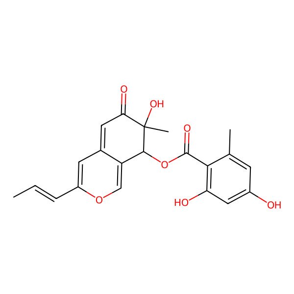 2D Structure of (7-hydroxy-7-methyl-6-oxo-3-prop-1-enyl-8H-isochromen-8-yl) 2,4-dihydroxy-6-methylbenzoate