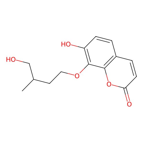2D Structure of 7-hydroxy-8-[(3S)-4-hydroxy-3-methylbutoxy]chromen-2-one