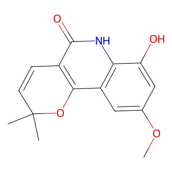 2D Structure of 7-hydroxy-9-methoxy-2,2-dimethyl-6H-pyrano[3,2-c]quinolin-5-one