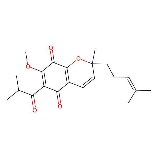 2D Structure of 7-Methoxy-2-methyl-2-(4-methylpent-3-enyl)-6-(2-methylpropanoyl)chromene-5,8-dione