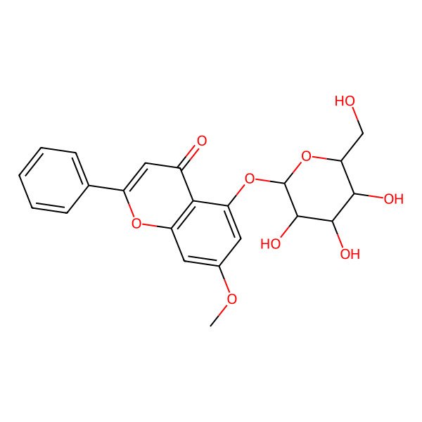 2D Structure of 7-methoxy-2-phenyl-5-[(2R,3R,4S,5S,6R)-3,4,5-trihydroxy-6-(hydroxymethyl)oxan-2-yl]oxychromen-4-one