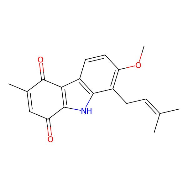 2D Structure of 7-methoxy-3-methyl-8-(3-methylbut-2-enyl)-9H-carbazole-1,4-dione 2D Structure of 7-methoxy-3-methyl-8-(3-methylbut-2-enyl)-9H-carbazole-1,4-dione