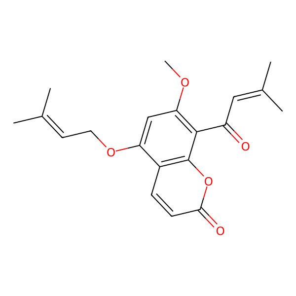 2D Structure of 7-Methoxy-5-(3-methylbut-2-enoxy)-8-(3-methylbut-2-enoyl)chromen-2-one
