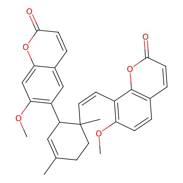 2D Structure of 7-Methoxy-8-[2-[2-(7-methoxy-2-oxochromen-6-yl)-1,4-dimethylcyclohex-3-en-1-yl]ethenyl]chromen-2-one