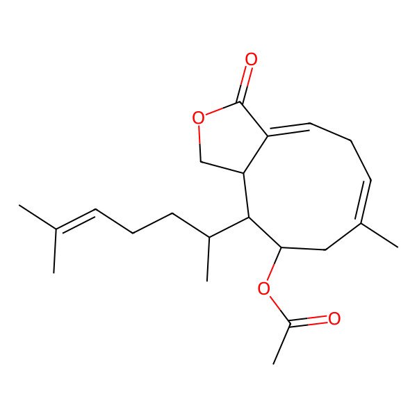 2D Structure of [7-Methyl-10-(6-methylhept-5-en-2-yl)-3-oxo-1,5,8,9,10,10a-hexahydrocyclonona[c]furan-9-yl] acetate