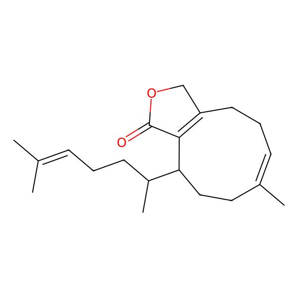2D Structure of 7-Methyl-10-(6-methylhept-5-en-2-yl)-3,4,5,8,9,10-hexahydrocyclonona[c]furan-1-one