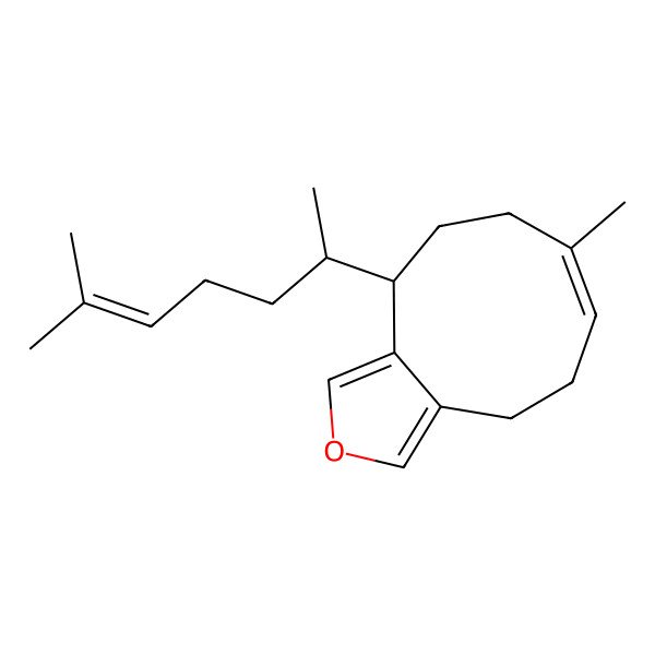 2D Structure of 7-methyl-10-(6-methylhept-5-en-2-yl)-5,8,9,10-tetrahydro-4H-cyclonona[c]furan