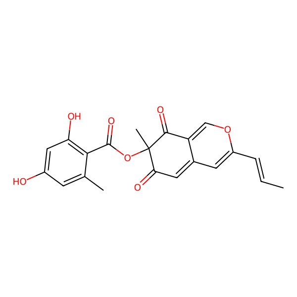 2D Structure of (7-Methyl-6,8-dioxo-3-prop-1-enylisochromen-7-yl) 2,4-dihydroxy-6-methylbenzoate