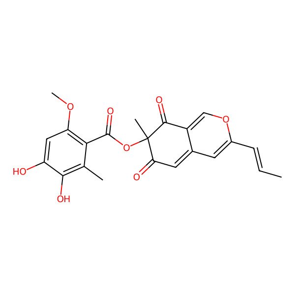 2D Structure of (7-Methyl-6,8-dioxo-3-prop-1-enylisochromen-7-yl) 3,4-dihydroxy-6-methoxy-2-methylbenzoate