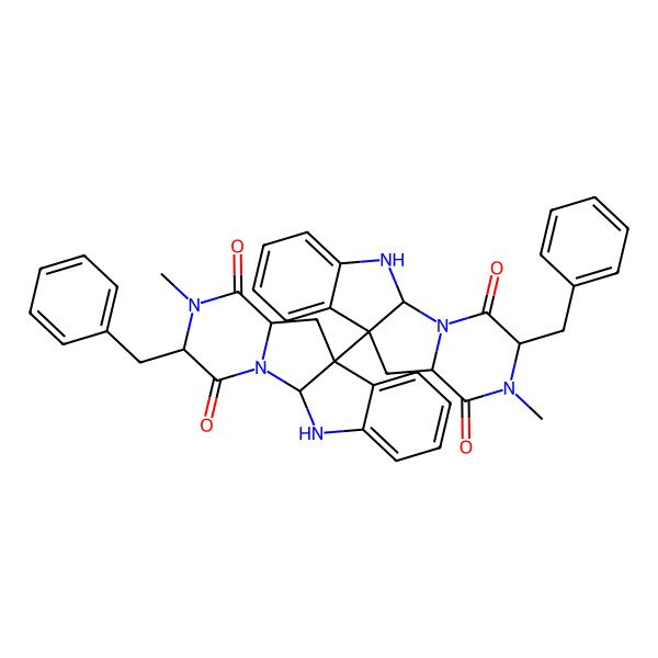 2D Structure of (1R,4R,7R,9S)-4-benzyl-9-[(1S,4S,7S,9S)-4-benzyl-5-methyl-3,6-dioxo-2,5,16-triazatetracyclo[7.7.0.02,7.010,15]hexadeca-10,12,14-trien-9-yl]-5-methyl-2,5,16-triazatetracyclo[7.7.0.02,7.010,15]hexadeca-10,12,14-triene-3,6-dione