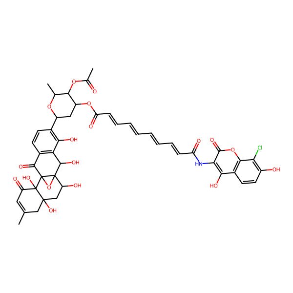 2D Structure of [(2R,3R,4R)-3-acetyloxy-2-methyl-6-[(1S,2R,7R,9S,10S,11S)-2,7,9,11,13-pentahydroxy-5-methyl-3,18-dioxo-19-oxapentacyclo[8.8.1.01,10.02,7.012,17]nonadeca-4,12(17),13,15-tetraen-14-yl]oxan-4-yl] (2E,4E,6E,8E)-10-[(8-chloro-4,7-dihydroxy-2-oxochromen-3-yl)amino]-10-oxodeca-2,4,6,8-tetraenoate
