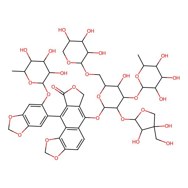 2D Structure of 6-[(2S,3R,4S,5R,6R)-3-[(2S,3R,4R)-3,4-dihydroxy-4-(hydroxymethyl)oxolan-2-yl]oxy-5-hydroxy-4-[(2S,3R,4R,5R,6S)-3,4,5-trihydroxy-6-methyloxan-2-yl]oxy-6-[[(2S,3R,4S,5R)-3,4,5-trihydroxyoxan-2-yl]oxymethyl]oxan-2-yl]oxy-10-[6-[(2S,3R,4S,5S,6R)-3,4,5-trihydroxy-6-methyloxan-2-yl]oxy-1,3-benzodioxol-5-yl]-7H-[2]benzofuro[5,6-g][1,3]benzodioxol-9-one