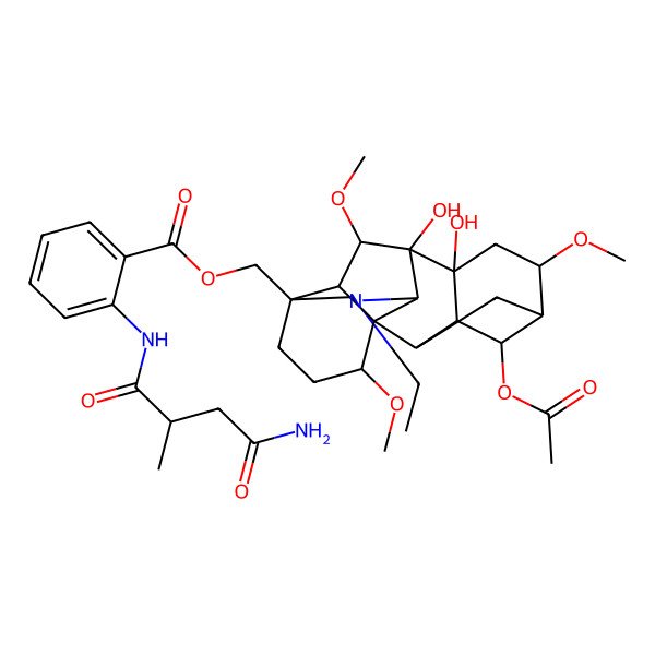 2D Structure of (4-Acetyloxy-11-ethyl-8,9-dihydroxy-6,16,18-trimethoxy-11-azahexacyclo[7.7.2.12,5.01,10.03,8.013,17]nonadecan-13-yl)methyl 2-[(4-amino-2-methyl-4-oxobutanoyl)amino]benzoate