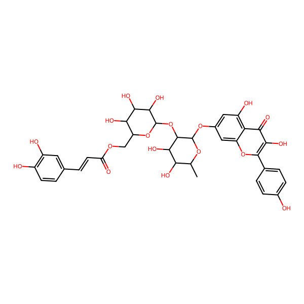 2D Structure of [(2R,3S,4S,5R,6S)-6-[(2S,3R,4R,5R,6S)-2-[3,5-dihydroxy-2-(4-hydroxyphenyl)-4-oxochromen-7-yl]oxy-4,5-dihydroxy-6-methyloxan-3-yl]oxy-3,4,5-trihydroxyoxan-2-yl]methyl (E)-3-(3,4-dihydroxyphenyl)prop-2-enoate