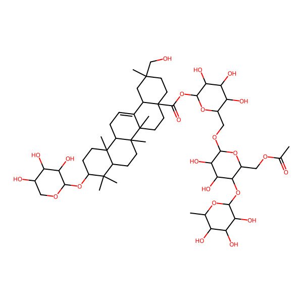 2D Structure of [(2S,3R,4S,5S,6R)-6-[[(2R,3R,4R,5S,6R)-6-(acetyloxymethyl)-3,4-dihydroxy-5-[(2S,3R,4R,5R,6S)-3,4,5-trihydroxy-6-methyloxan-2-yl]oxyoxan-2-yl]oxymethyl]-3,4,5-trihydroxyoxan-2-yl] (2R,4aR,6aR,6aS,6bR,8aR,10S,12aR,14bS)-2-(hydroxymethyl)-2,6a,6b,9,9,12a-hexamethyl-10-[(2R,3S,4R,5R)-3,4,5-trihydroxyoxan-2-yl]oxy-1,3,4,5,6,6a,7,8,8a,10,11,12,13,14b-tetradecahydropicene-4a-carboxylate