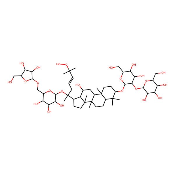 2D Structure of (2S,3R,4S,5S,6R)-2-[(2R,3R,4S,5S,6R)-2-[[(3S,5R,8R,9R,10R,12R,13R,14R,17S)-17-[(E,2S)-2-[(2S,3R,4S,5S,6R)-6-[[(2R,3R,4S,5R)-3,4-dihydroxy-5-(hydroxymethyl)oxolan-2-yl]oxymethyl]-3,4,5-trihydroxyoxan-2-yl]oxy-6-hydroperoxy-6-methylhept-4-en-2-yl]-12-hydroxy-4,4,8,10,14-pentamethyl-2,3,5,6,7,9,11,12,13,15,16,17-dodecahydro-1H-cyclopenta[a]phenanthren-3-yl]oxy]-4,5-dihydroxy-6-(hydroxymethyl)oxan-3-yl]oxy-6-(hydroxymethyl)oxane-3,4,5-triol