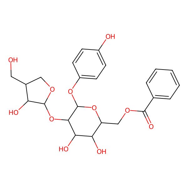 2D Structure of [3,4-Dihydroxy-5-[3-hydroxy-4-(hydroxymethyl)oxolan-2-yl]oxy-6-(4-hydroxyphenoxy)oxan-2-yl]methyl benzoate