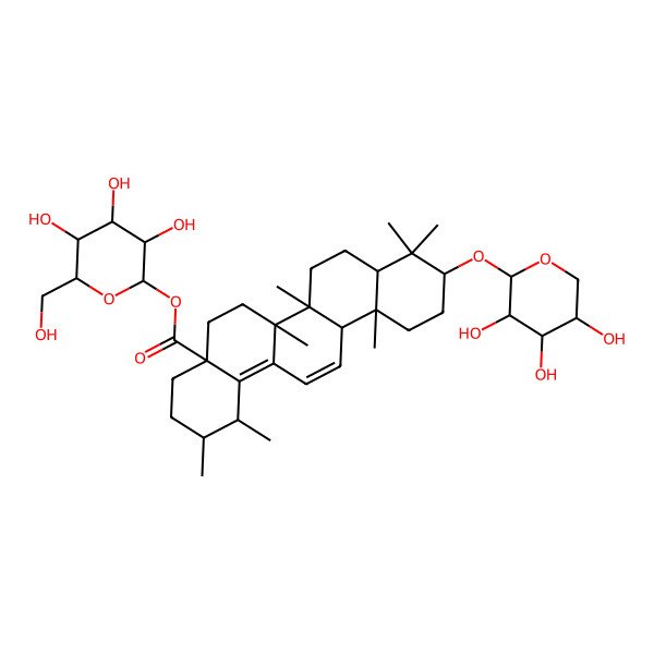 2D Structure of [(2R,3S,4R,5R,6S)-3,4,5-trihydroxy-6-(hydroxymethyl)oxan-2-yl] (1R,2R,4aS,6aR,6aS,6bR,8aR,10R,12aS)-1,2,6a,6b,9,9,12a-heptamethyl-10-[(2R,3S,4R,5S)-3,4,5-trihydroxyoxan-2-yl]oxy-2,3,4,5,6,6a,7,8,8a,10,11,12-dodecahydro-1H-picene-4a-carboxylate