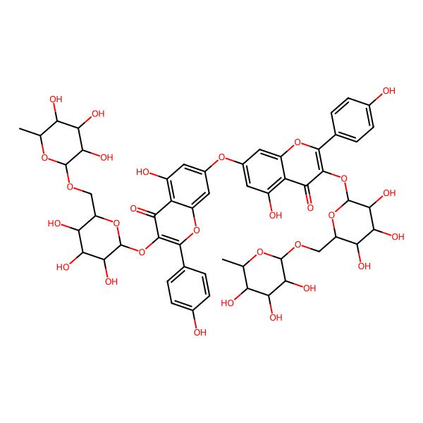 2D Structure of 5-Hydroxy-7-[5-hydroxy-2-(4-hydroxyphenyl)-4-oxo-3-[3,4,5-trihydroxy-6-[(3,4,5-trihydroxy-6-methyloxan-2-yl)oxymethyl]oxan-2-yl]oxychromen-7-yl]oxy-2-(4-hydroxyphenyl)-3-[3,4,5-trihydroxy-6-[(3,4,5-trihydroxy-6-methyloxan-2-yl)oxymethyl]oxan-2-yl]oxychromen-4-one