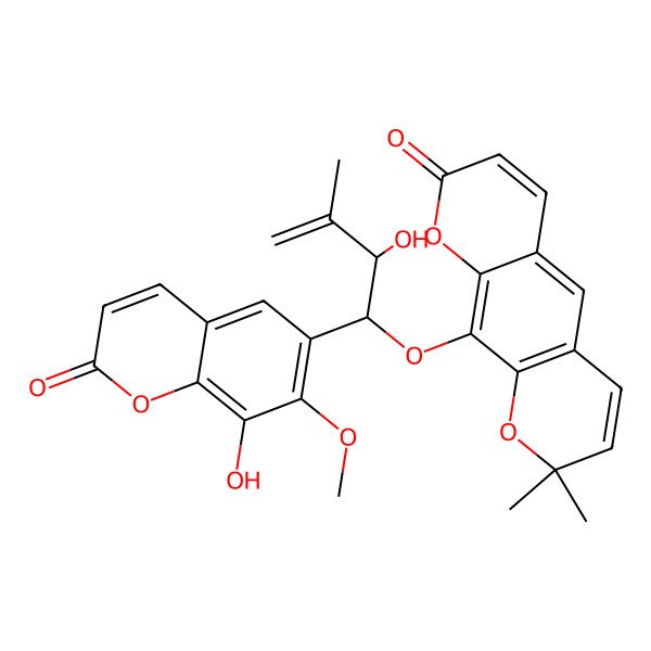 2D Structure of 10-[2-Hydroxy-1-(8-hydroxy-7-methoxy-2-oxochromen-6-yl)-3-methylbut-3-enoxy]-2,2-dimethylpyrano[3,2-g]chromen-8-one