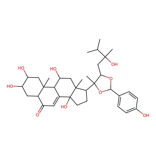 2D Structure of (2S,3R,5R,9R,10R,11R,13R,14S,17S)-2,3,11,14-tetrahydroxy-17-[(2S,4R,5R)-5-[(2S)-2-hydroxy-2,3-dimethylbutyl]-2-(4-hydroxyphenyl)-4-methyl-1,3-dioxolan-4-yl]-10,13-dimethyl-2,3,4,5,9,11,12,15,16,17-decahydro-1H-cyclopenta[a]phenanthren-6-one