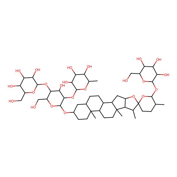 2D Structure of (2S,3R,4R,5R,6S)-2-[(2R,3R,4S,5R,6R)-4-hydroxy-6-(hydroxymethyl)-2-[(1R,2S,4S,5'S,6S,7S,8R,9S,12S,13S,16S,18R)-5',7,9,13-tetramethyl-6'-[(2S,3R,4S,5S,6R)-3,4,5-trihydroxy-6-(hydroxymethyl)oxan-2-yl]oxyspiro[5-oxapentacyclo[10.8.0.02,9.04,8.013,18]icosane-6,2'-oxane]-16-yl]oxy-5-[(2S,3R,4S,5S,6R)-3,4,5-trihydroxy-6-(hydroxymethyl)oxan-2-yl]oxyoxan-3-yl]oxy-6-methyloxane-3,4,5-triol