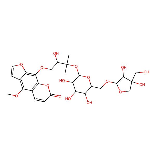 2D Structure of 9-[3-[6-[[3,4-Dihydroxy-4-(hydroxymethyl)oxolan-2-yl]oxymethyl]-3,4,5-trihydroxyoxan-2-yl]oxy-2-hydroxy-3-methylbutoxy]-4-methoxyfuro[3,2-g]chromen-7-one