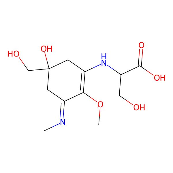 2D Structure of 3-Hydroxy-2-[[5-hydroxy-5-(hydroxymethyl)-2-methoxy-3-methyliminocyclohexen-1-yl]amino]propanoic acid