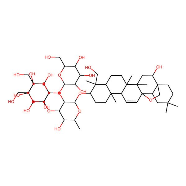 2D Structure of (2S,3R,4S,5S,6R)-2-[(2S,3R,4S,5S,6R)-4,5-dihydroxy-2-[(2R,3R,4S,5S,6R)-5-hydroxy-2-[[(1S,2S,4S,5R,8R,9R,10S,13S,14R,17S,18R)-2-hydroxy-9-(hydroxymethyl)-4,5,9,13,20,20-hexamethyl-24-oxahexacyclo[15.5.2.01,18.04,17.05,14.08,13]tetracos-15-en-10-yl]oxy]-6-methyl-3-[(2S,3R,4S,5S,6R)-3,4,5-trihydroxy-6-(hydroxymethyl)oxan-2-yl]oxyoxan-4-yl]oxy-6-(hydroxymethyl)oxan-3-yl]oxy-6-(hydroxymethyl)oxane-3,4,5-triol