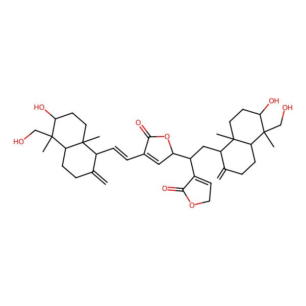 2D Structure of (2S)-4-[(E)-2-[(1R,4aS,5R,6R,8aR)-6-hydroxy-5-(hydroxymethyl)-5,8a-dimethyl-2-methylidene-3,4,4a,6,7,8-hexahydro-1H-naphthalen-1-yl]ethenyl]-2-[2-[(1R,4aS,5R,6R,8aR)-6-hydroxy-5-(hydroxymethyl)-5,8a-dimethyl-2-methylidene-3,4,4a,6,7,8-hexahydro-1H-naphthalen-1-yl]-1-(5-oxo-2H-furan-4-yl)ethyl]-2H-furan-5-one