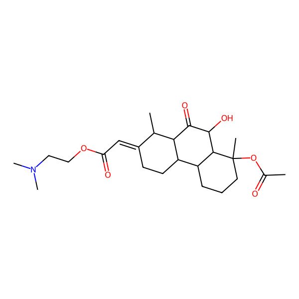 2D Structure of 2-(dimethylamino)ethyl (2E)-2-[(1R,4aS,4bR,8S,8aS,9R,10aR)-8-acetyloxy-9-hydroxy-1,8-dimethyl-10-oxo-3,4,4a,4b,5,6,7,8a,9,10a-decahydro-1H-phenanthren-2-ylidene]acetate