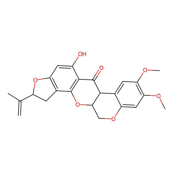 2D Structure of 5-Hydroxy-8,9-dimethoxy-2-(prop-1-en-2-yl)-1,2,12,12a-tetrahydrofuro[2',3':7,8][1]benzopyrano[2,3-c][1]benzopyran-6(6aH)-one