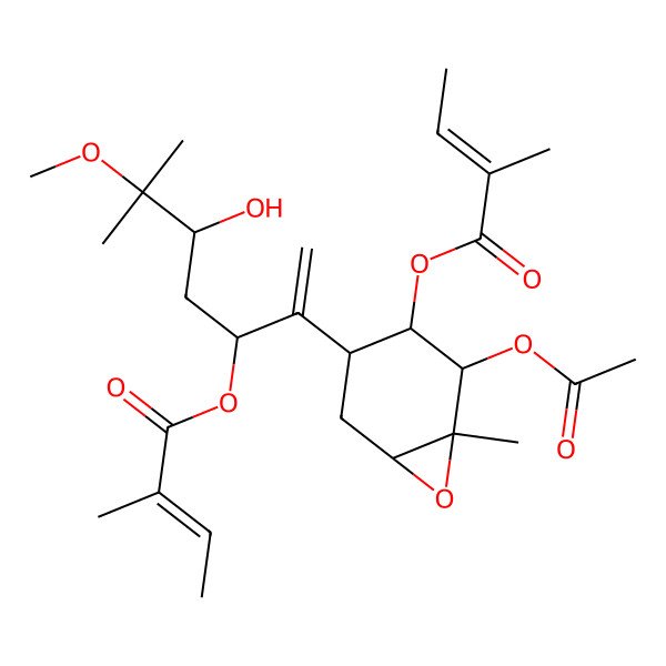 2D Structure of [2-Acetyloxy-4-[5-hydroxy-6-methoxy-6-methyl-3-(2-methylbut-2-enoyloxy)hept-1-en-2-yl]-1-methyl-7-oxabicyclo[4.1.0]heptan-3-yl] 2-methylbut-2-enoate
