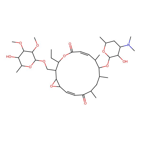 2D Structure of (1S,2R,6Z,8S,9S,10S,12R,14Z,16R)-9-[(2S,3R,4S)-4-(dimethylamino)-3-hydroxy-6-methyloxan-2-yl]oxy-3-ethyl-2-[[(2R,3R,4R,5R,6R)-5-hydroxy-3,4-dimethoxy-6-methyloxan-2-yl]oxymethyl]-8,10,12-trimethyl-4,17-dioxabicyclo[14.1.0]heptadeca-6,14-diene-5,13-dione