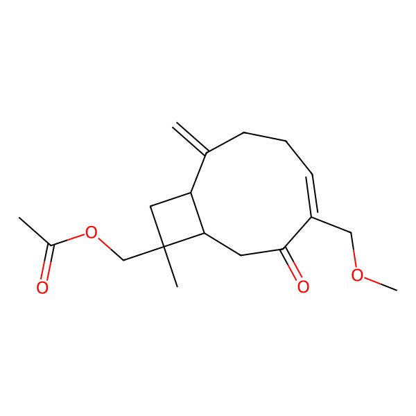 2D Structure of [(1R,5Z,9R,10S)-6-(methoxymethyl)-10-methyl-2-methylidene-7-oxo-10-bicyclo[7.2.0]undec-5-enyl]methyl acetate
