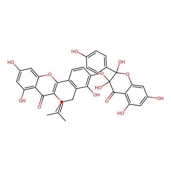 2D Structure of (2S,3R)-3-[4-(5,7-dihydroxy-3-methoxy-4-oxochromen-2-yl)-2-hydroxy-3-(3-methylbut-2-enyl)phenoxy]-2,3,5,7-tetrahydroxy-2-(4-hydroxyphenyl)chromen-4-one