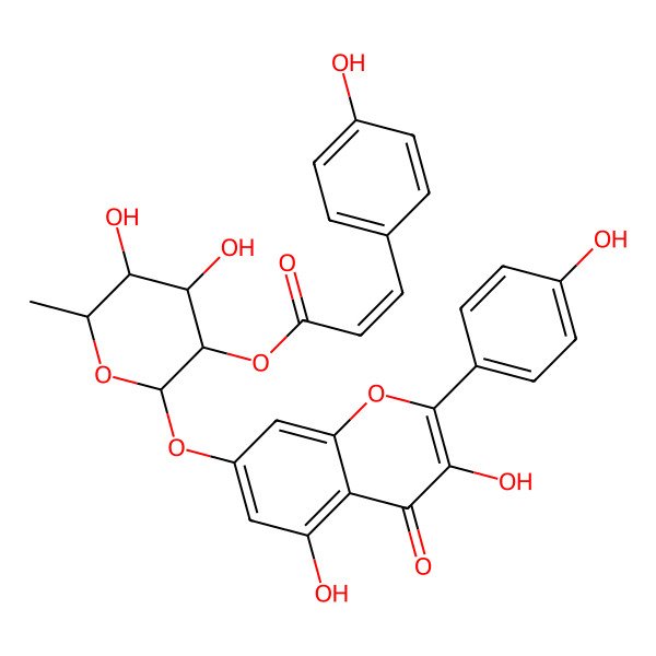 2D Structure of [2-[3,5-Dihydroxy-2-(4-hydroxyphenyl)-4-oxochromen-7-yl]oxy-4,5-dihydroxy-6-methyloxan-3-yl] 3-(4-hydroxyphenyl)prop-2-enoate