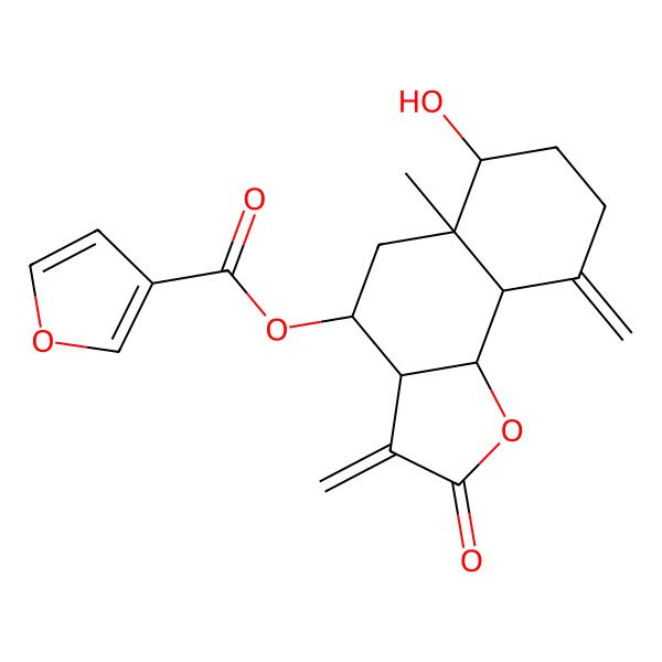2D Structure of [(3aR,4R,5aR,6R,9aS,9bR)-6-hydroxy-5a-methyl-3,9-dimethylidene-2-oxo-3a,4,5,6,7,8,9a,9b-octahydrobenzo[g][1]benzofuran-4-yl] furan-3-carboxylate