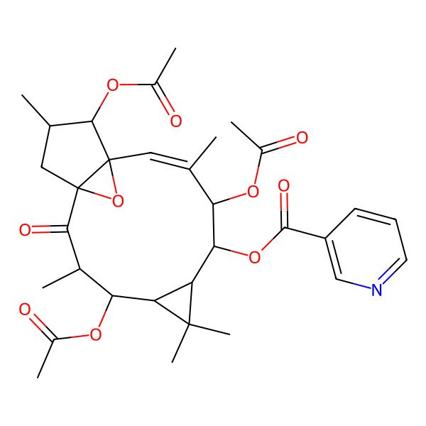 2D Structure of [(1R,3S,4R,5R,7R,8R,9S,10Z,12S,13R,14S)-4,9,13-triacetyloxy-3,6,6,10,14-pentamethyl-2-oxo-16-oxatetracyclo[10.3.1.01,12.05,7]hexadec-10-en-8-yl] pyridine-3-carboxylate
