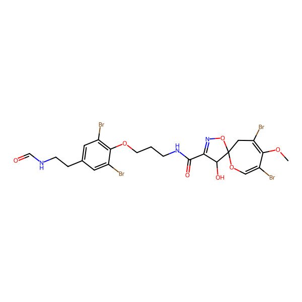 2D Structure of (4S,5S)-7,9-dibromo-N-[3-[2,6-dibromo-4-(2-formamidoethyl)phenoxy]propyl]-4-hydroxy-8-methoxy-1,11-dioxa-2-azaspiro[4.6]undeca-2,7,9-triene-3-carboxamide
