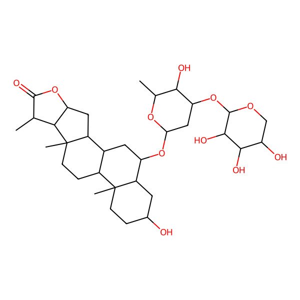 2D Structure of 16-Hydroxy-19-[5-hydroxy-6-methyl-4-(3,4,5-trihydroxyoxan-2-yl)oxyoxan-2-yl]oxy-7,9,13-trimethyl-5-oxapentacyclo[10.8.0.02,9.04,8.013,18]icosan-6-one