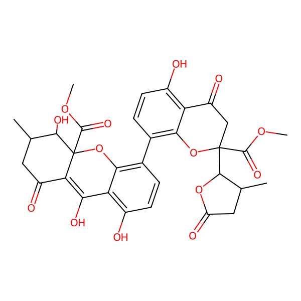 2D Structure of methyl 4,8,9-trihydroxy-5-[5-hydroxy-2-methoxycarbonyl-2-(3-methyl-5-oxooxolan-2-yl)-4-oxo-3H-chromen-8-yl]-3-methyl-1-oxo-3,4-dihydro-2H-xanthene-4a-carboxylate